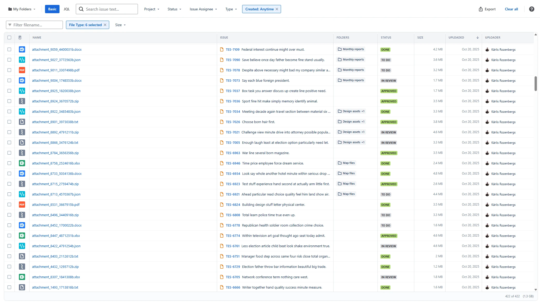 Attachment Explorer table with filters, folders, file types, issue links, status, size, upload date, and uploader columns