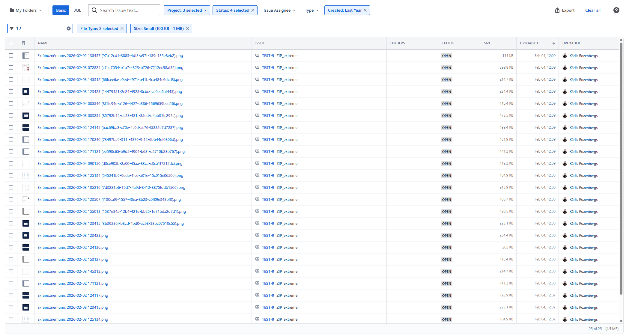 Attachment Explorer search and filter toolbar with file results table