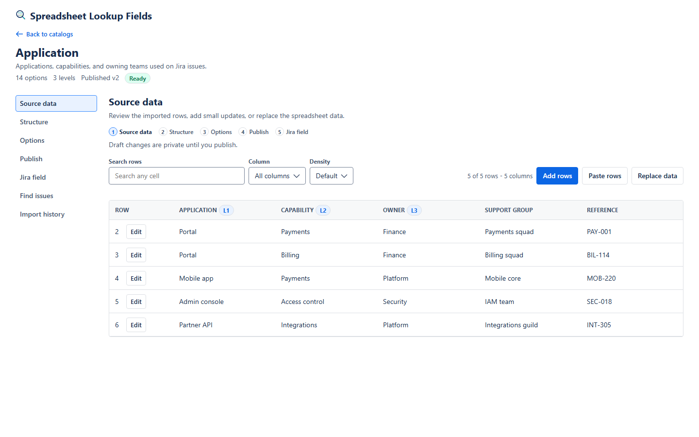 Spreadsheet Lookup Fields for Jira - catalog source data with cascading picker levels
